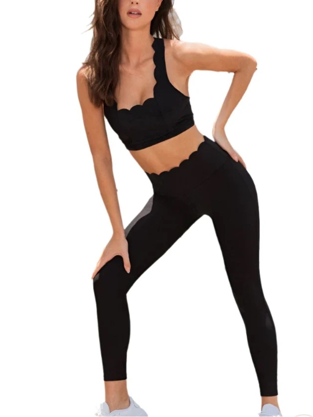 Noli 2 Piece Set Scalloped Waist Leggings & Bra Top - Black, size S
